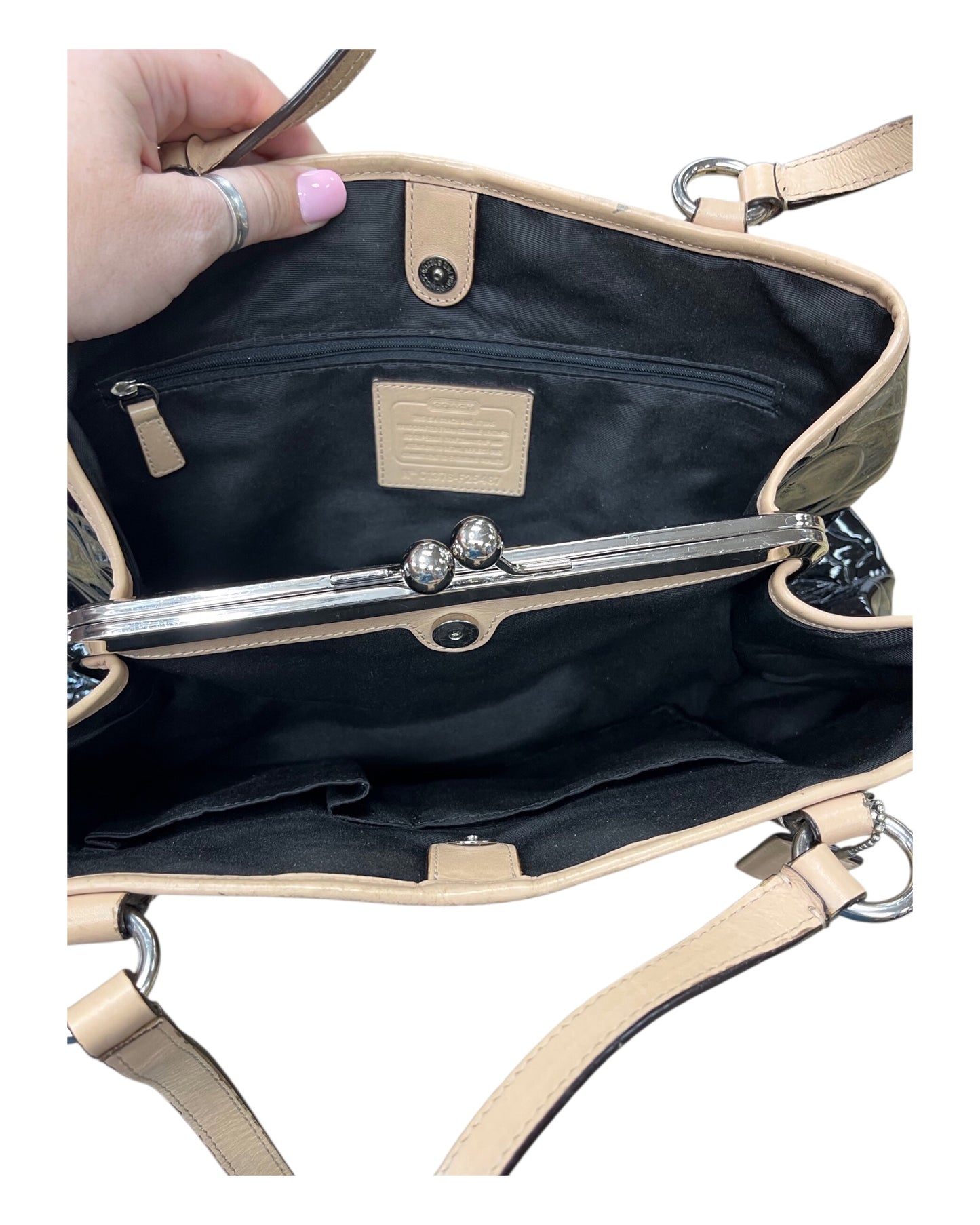 Handbag Designer By Coach In Black & Tan, Size:Medium