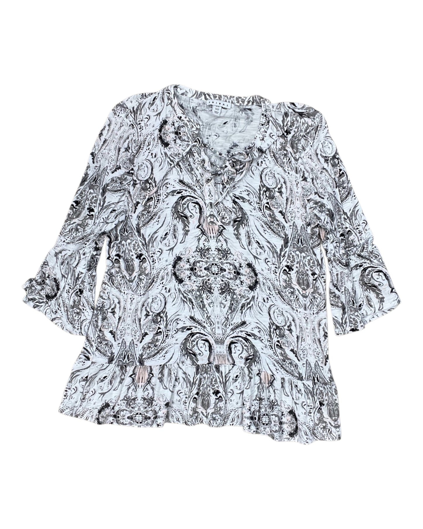 Top 3/4 Sleeve By Tribal In Grey & White, Size:M