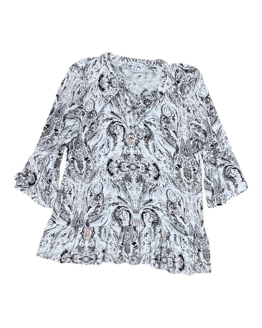 Top 3/4 Sleeve By Tribal In Grey & White, Size:M