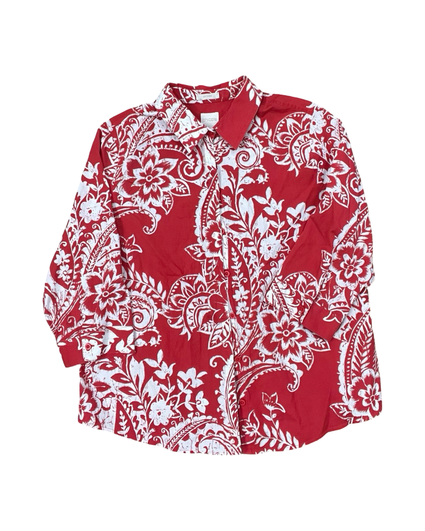 Blouse 3/4 Sleeve By Chicos In Red & White, Size:L