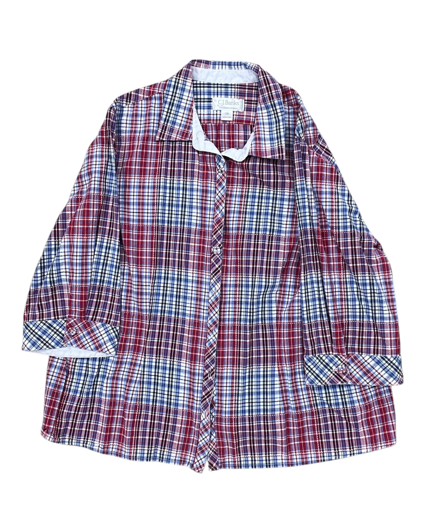 Blouse 3/4 Sleeve By Cj Banks In Red & White, Size:2X