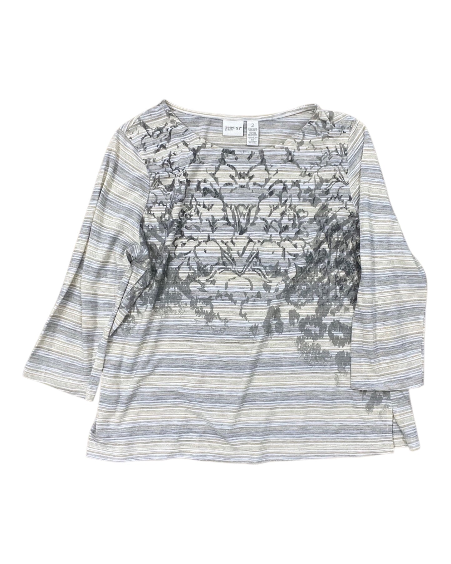 Top 3/4 Sleeve By Zenergy By Chicos In Grey & Yellow, Size:L