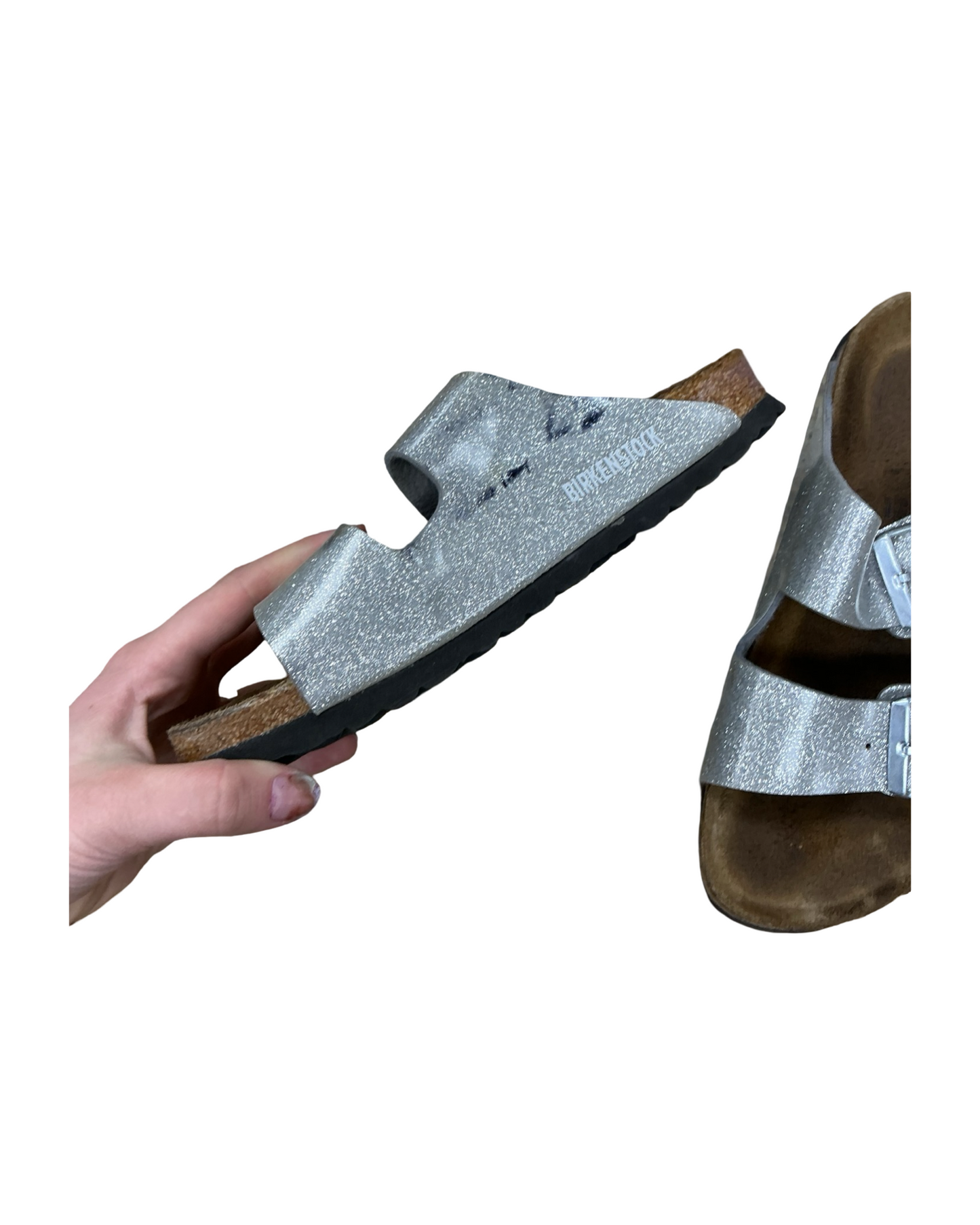 Sandals Flats By Birkenstock In Silver, Size:6.5