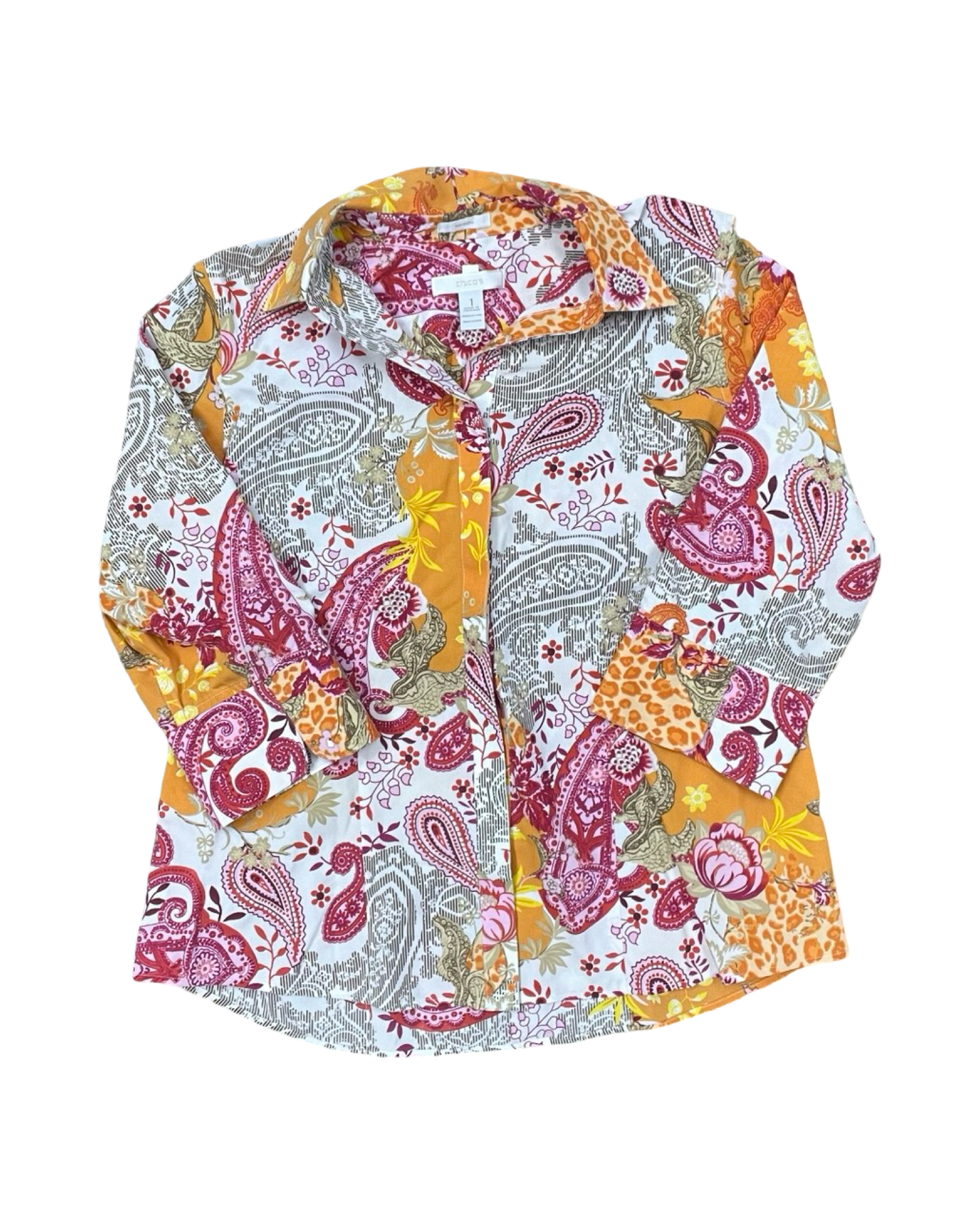 Blouse 3/4 Sleeve By Chicos In Orange & White, Size:M