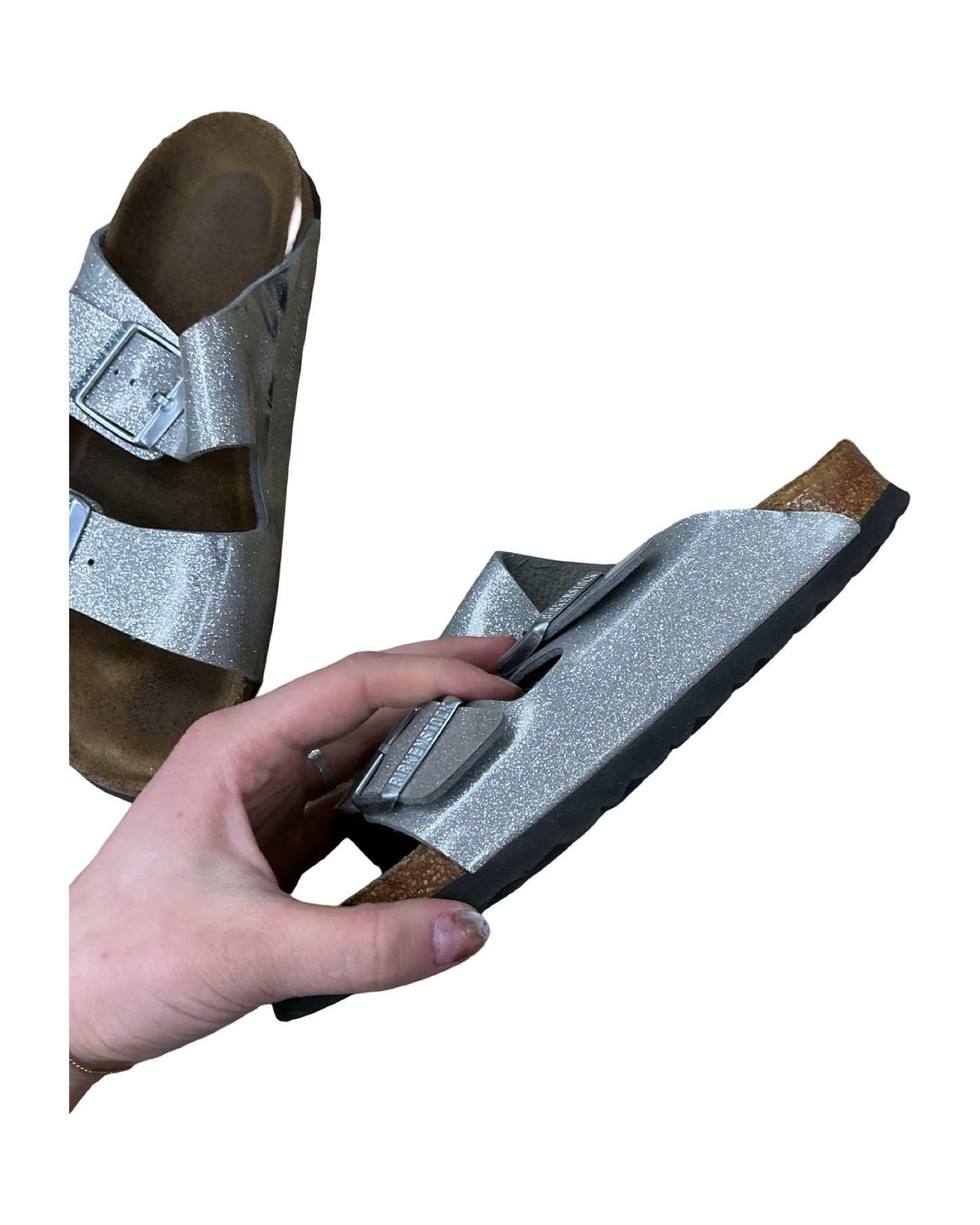 Sandals Flats By Birkenstock In Silver, Size:6.5