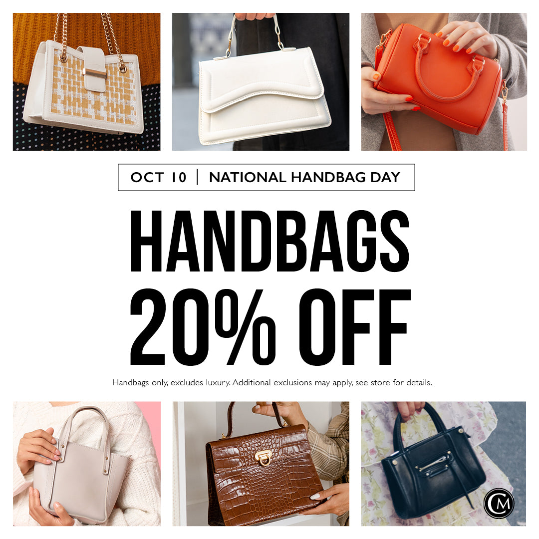 Promotional graphic for National Handbag Day featuring five handbag photos around large sale text reading 'OCT 10 | NATIONAL HANDBAG DAY' and 'HANDBAGS 20% OFF'. The bags shown include a white woven handbag, a white flap handbag, an orange handbag, a light beige handbag, a brown crocodile-embossed handbag, and a black handbag.