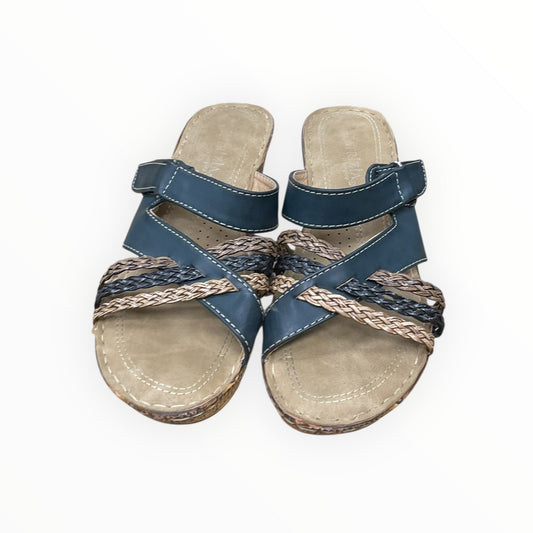 Sandals Heels Wedge By Clothes Mentor In Blue & Brown, Size:8
